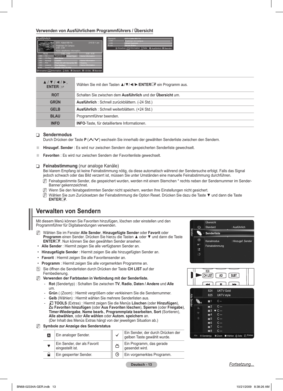 Verwalten von sendern, Sendermodus, Feinabstimmung ❑ (nur analoge kanäle) | Fortsetzung | Samsung PS58B850Y1P User Manual | Page 166 / 655