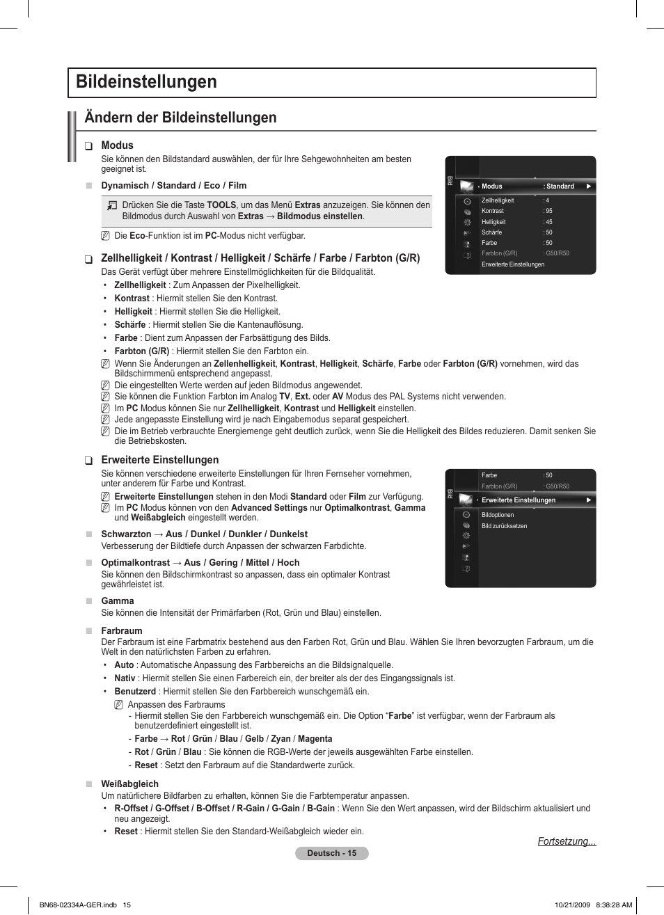 Bildeinstellungen, Ändern der bildeinstellungen | Samsung PS58B850Y1P User Manual | Page 168 / 655