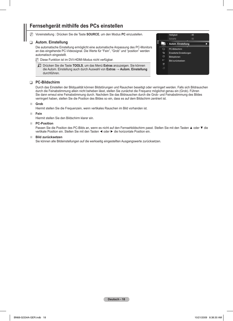 Fernsehgerät mithilfe des pcs einstellen, Autom. einstellung, Pc-bildschirm | Samsung PS58B850Y1P User Manual | Page 171 / 655