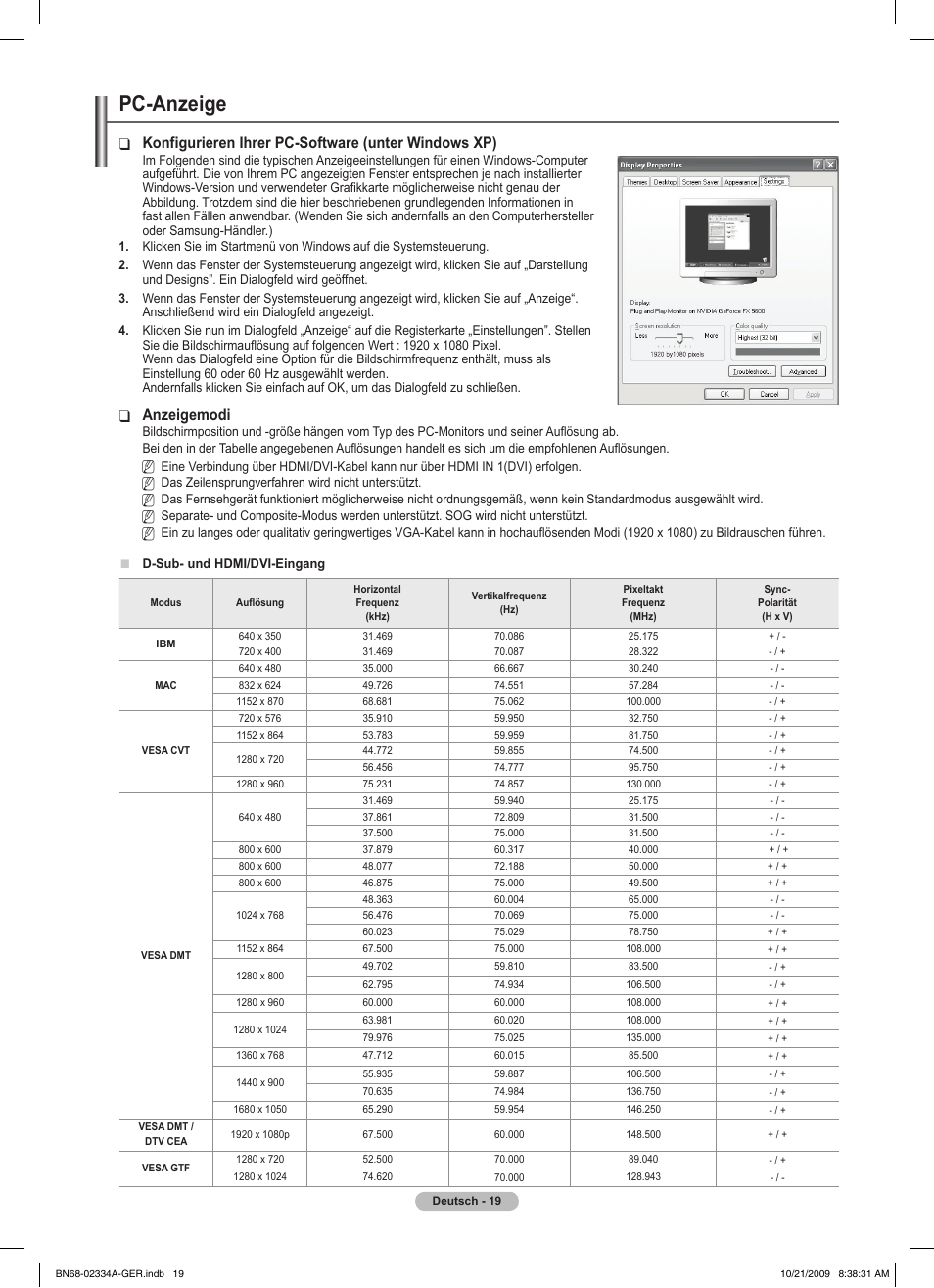 Pc-anzeige, Konfigurieren ihrer pc-software (unter windows xp), Anzeigemodi | Samsung PS58B850Y1P User Manual | Page 172 / 655