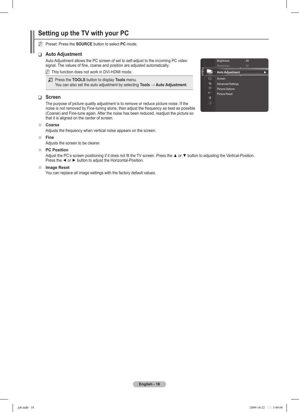 Setting up the tv with your pc, Auto adjustment, Screen | Samsung PS58B850Y1P User Manual | Page 18 / 655