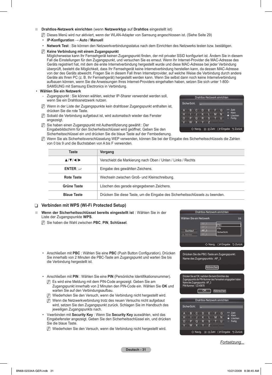 Verbinden mit wps (wi-fi protected setup), Fortsetzung | Samsung PS58B850Y1P User Manual | Page 184 / 655