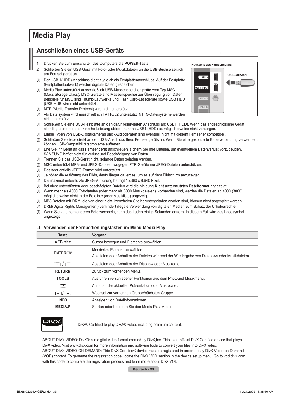 Media play, Anschließen eines usb-geräts | Samsung PS58B850Y1P User Manual | Page 186 / 655