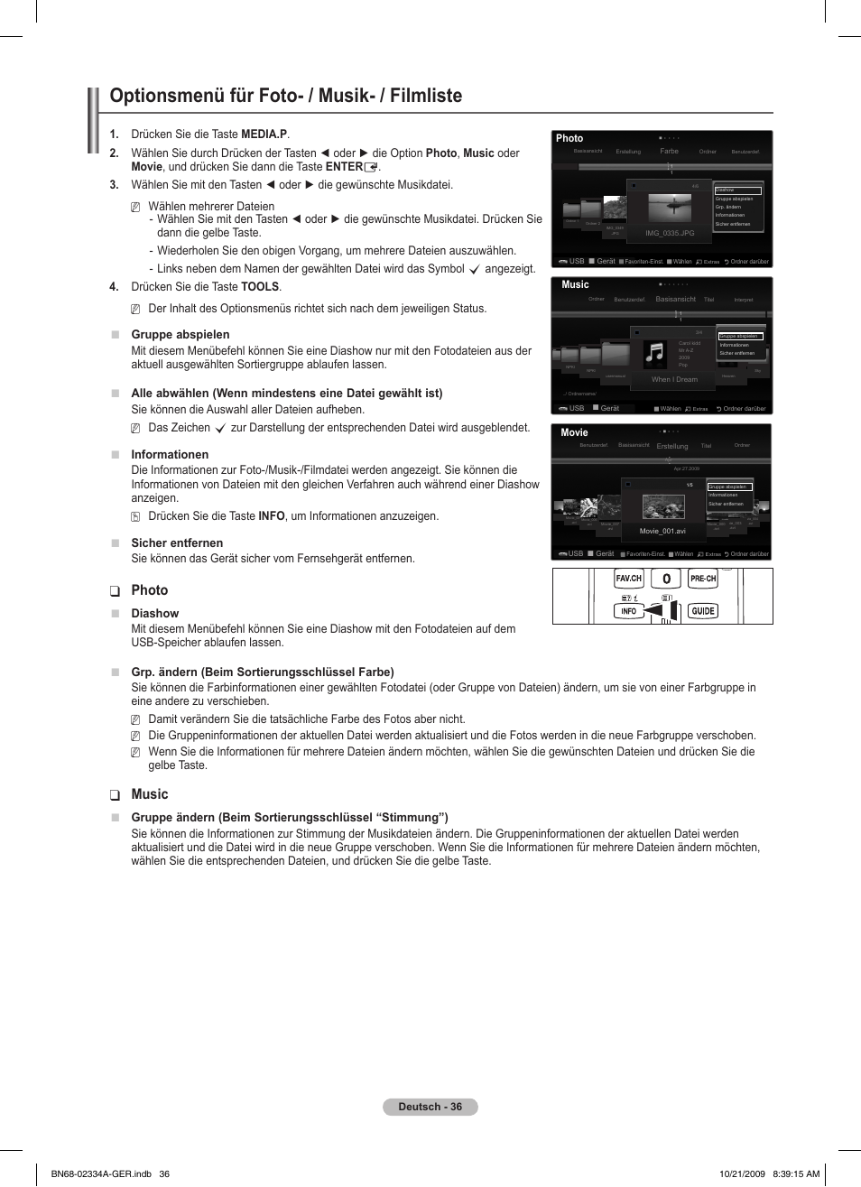 Optionsmenü für foto- / musik- / filmliste, Photo, Music | Gruppe abspielen, Diashow, Gelbe taste | Samsung PS58B850Y1P User Manual | Page 189 / 655