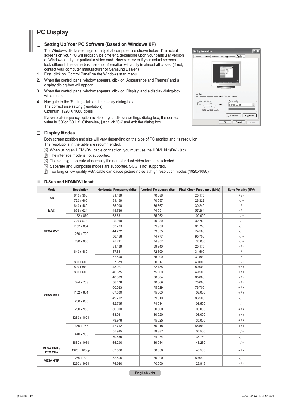 Pc display, Setting up your pc software (based on windows xp), Display modes | Samsung PS58B850Y1P User Manual | Page 19 / 655