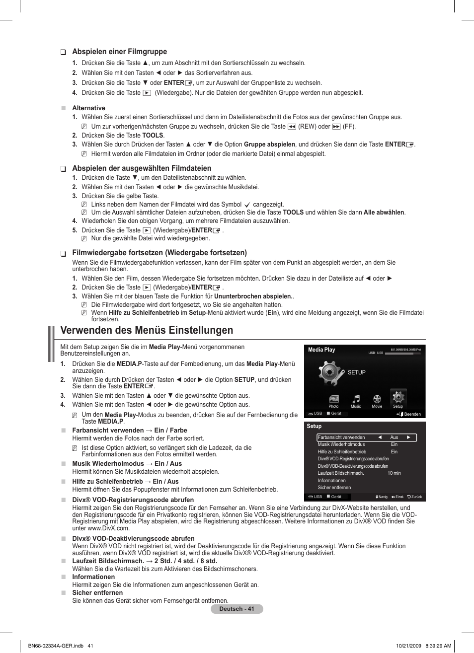 Verwenden des menüs einstellungen, Abspielen einer filmgruppe, Abspielen der ausgewählten filmdateien | Filmwiedergabe fortsetzen (wiedergabe fortsetzen) | Samsung PS58B850Y1P User Manual | Page 194 / 655