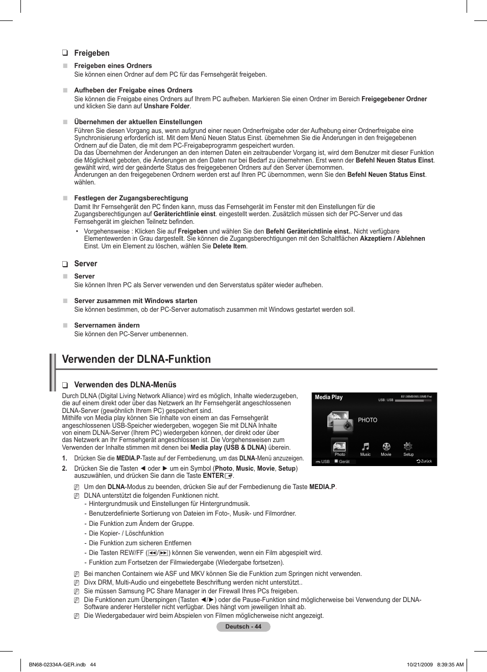 Verwenden der dlna-funktion, Freigeben, Server | Verwenden des dlna-menüs | Samsung PS58B850Y1P User Manual | Page 197 / 655