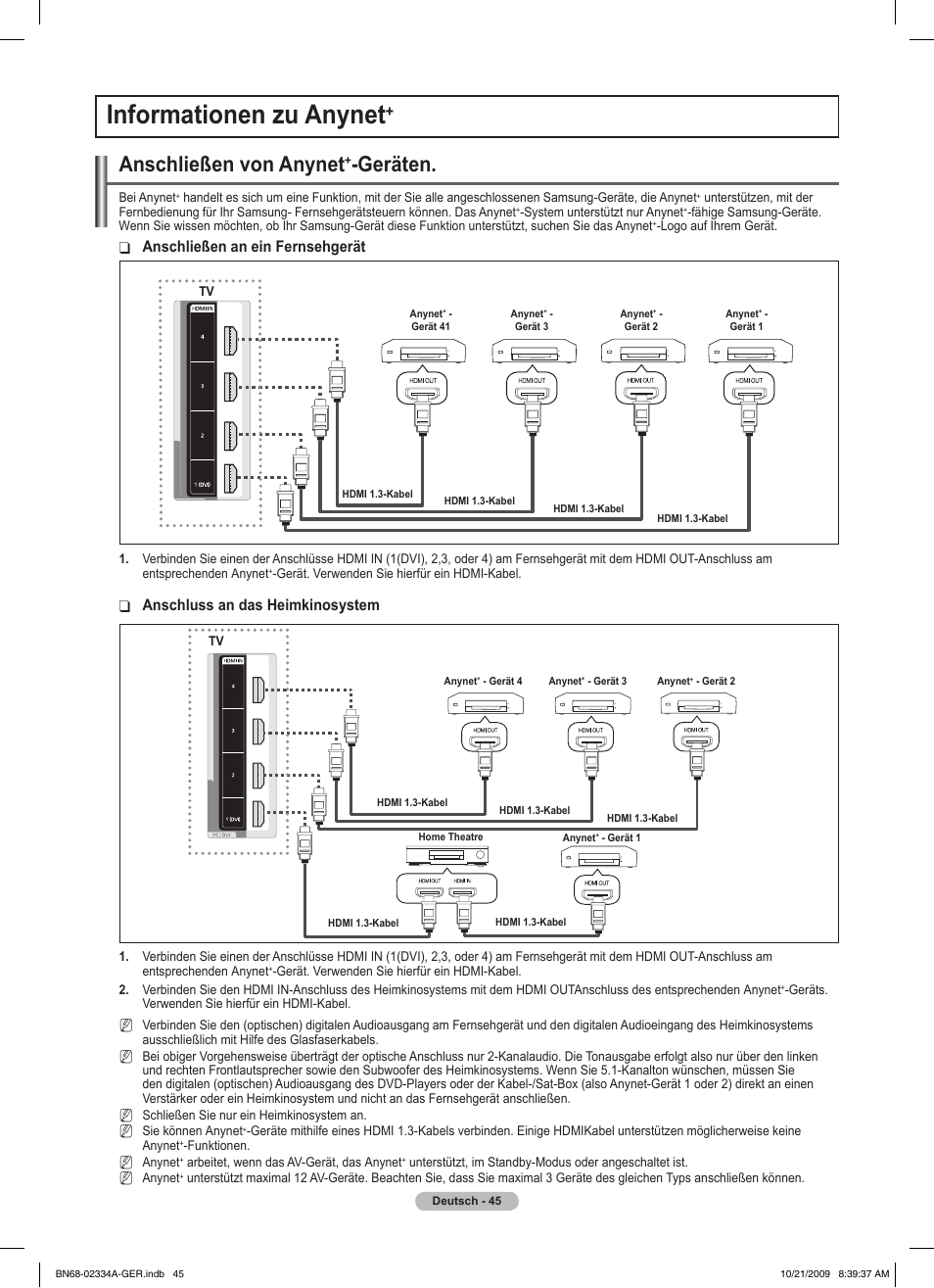 Informationen zu anynet, Anschließen von anynet, Geräten | Anschließen an ein fernsehgerät, Anschluss an das heimkinosystem | Samsung PS58B850Y1P User Manual | Page 198 / 655