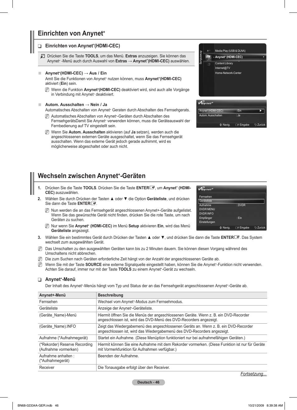 Einrichten von anynet, Wechseln zwischen anynet, Geräten | Hdmi-cec), Anynet, Menü | Samsung PS58B850Y1P User Manual | Page 199 / 655