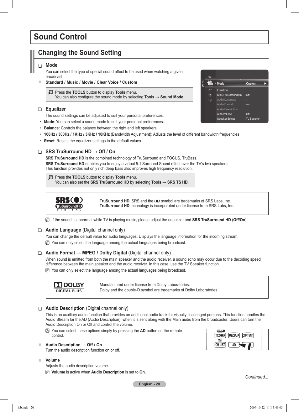 Sound control, Changing the sound setting | Samsung PS58B850Y1P User Manual | Page 20 / 655