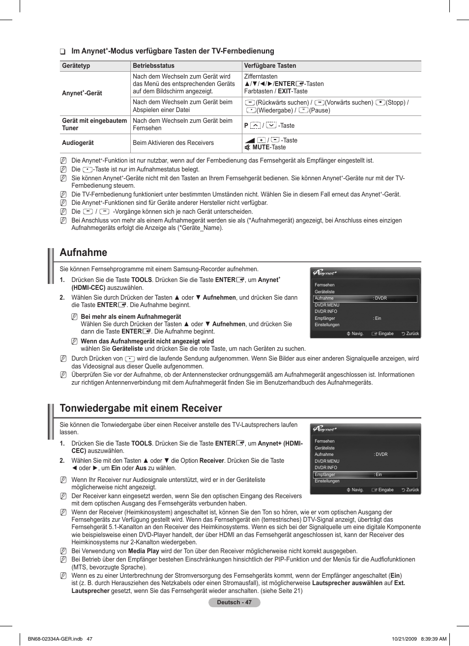 Aufnahme, Tonwiedergabe mit einem receiver, Im anynet | Modus verfügbare tasten der tv-fernbedienung | Samsung PS58B850Y1P User Manual | Page 200 / 655