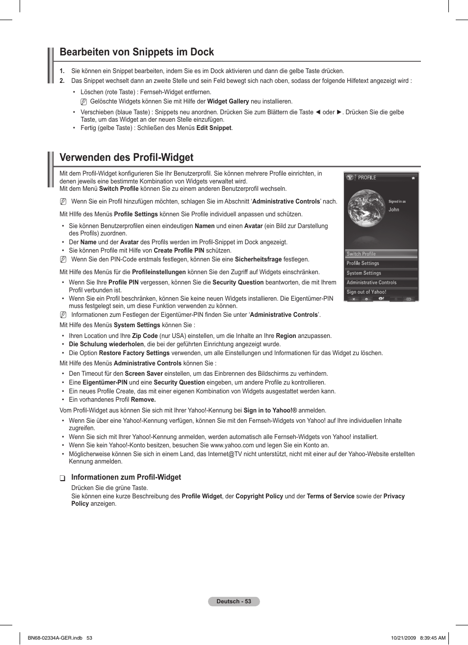Bearbeiten von snippets im dock, Verwenden des profil-widget | Samsung PS58B850Y1P User Manual | Page 206 / 655