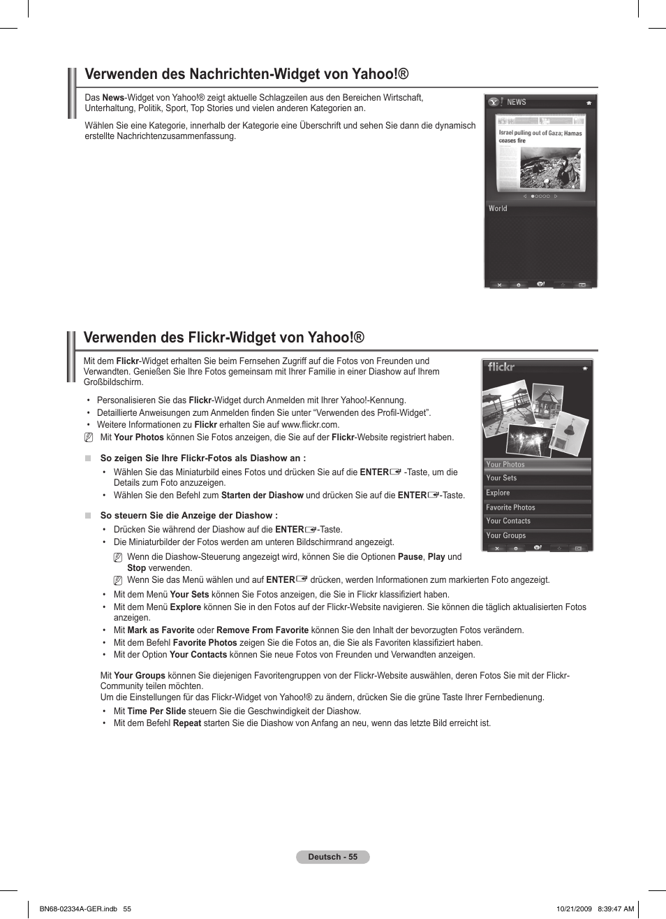 Verwenden des nachrichten-widget von yahoo, Verwenden des flickr-widget von yahoo | Samsung PS58B850Y1P User Manual | Page 208 / 655