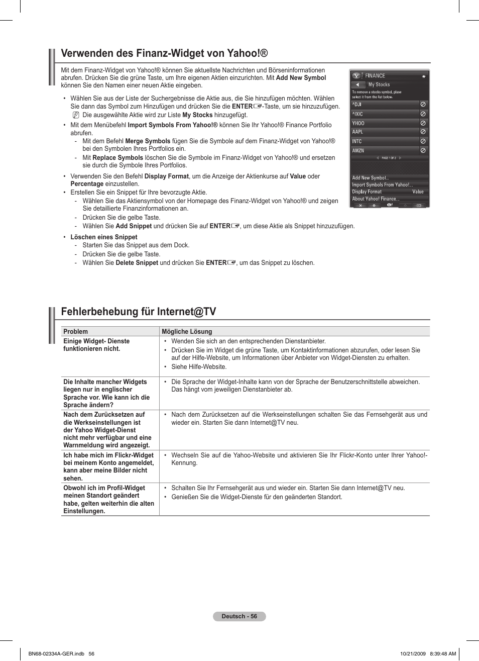 Verwenden des finanz-widget von yahoo, Fehlerbehebung für internet@tv | Samsung PS58B850Y1P User Manual | Page 209 / 655