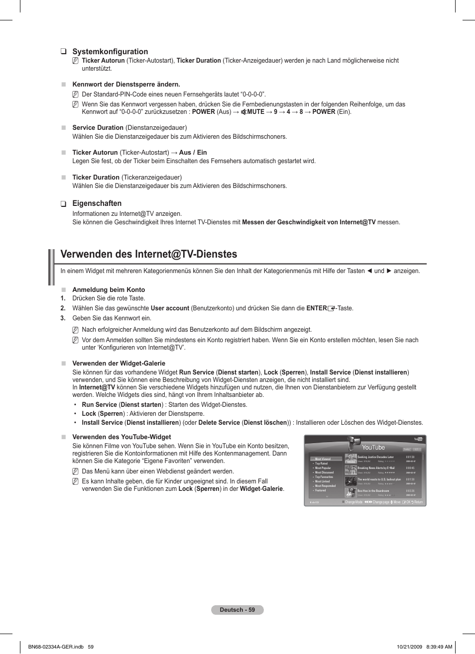 Verwenden des internet@tv-dienstes, Systemkonfiguration, Eigenschaften | Samsung PS58B850Y1P User Manual | Page 212 / 655