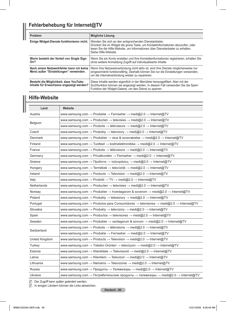 Fehlerbehebung für internet@tv, Hilfe-website | Samsung PS58B850Y1P User Manual | Page 213 / 655