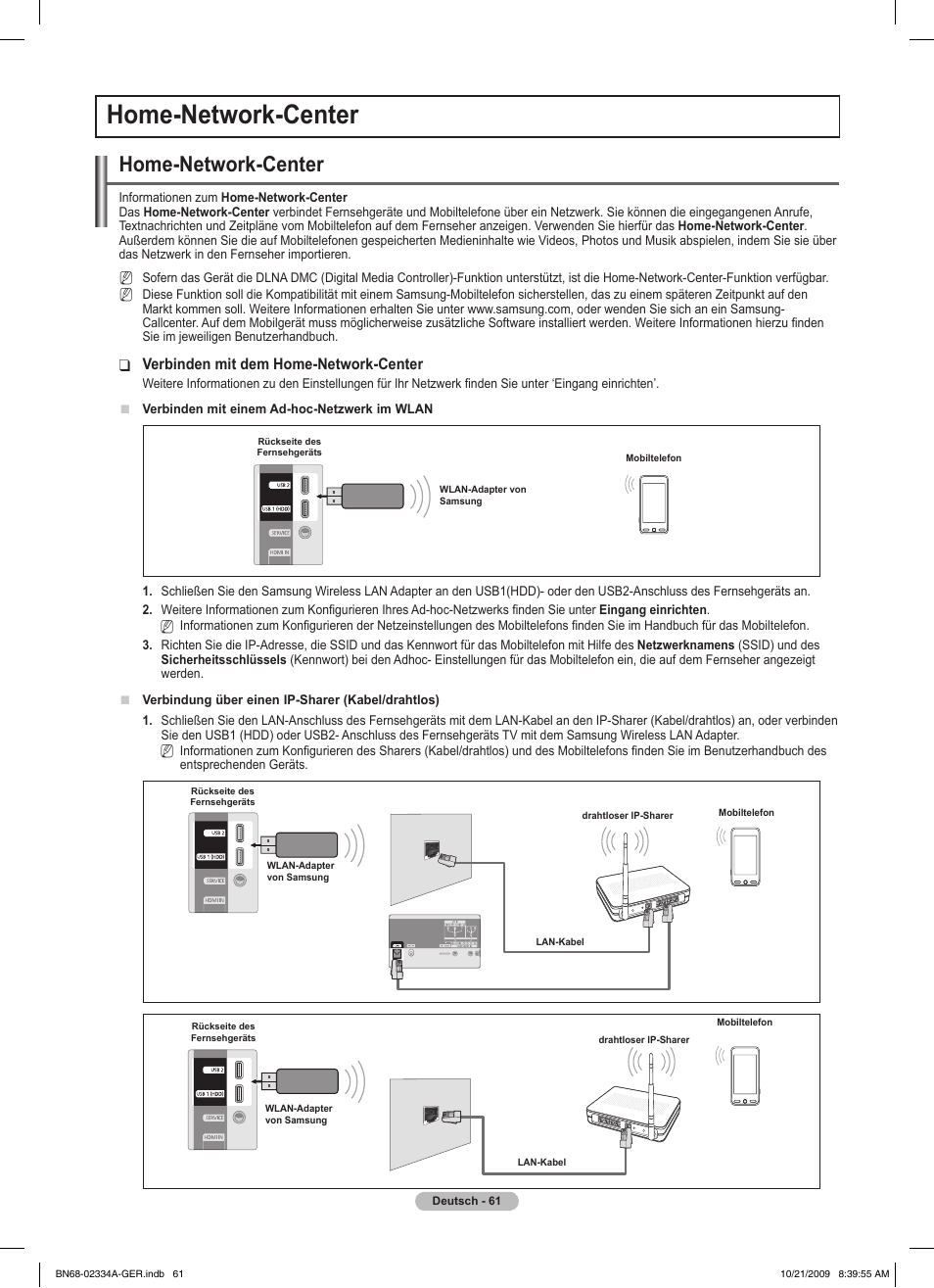 Home-network-center, Verbinden mit dem home-network-center | Samsung PS58B850Y1P User Manual | Page 214 / 655