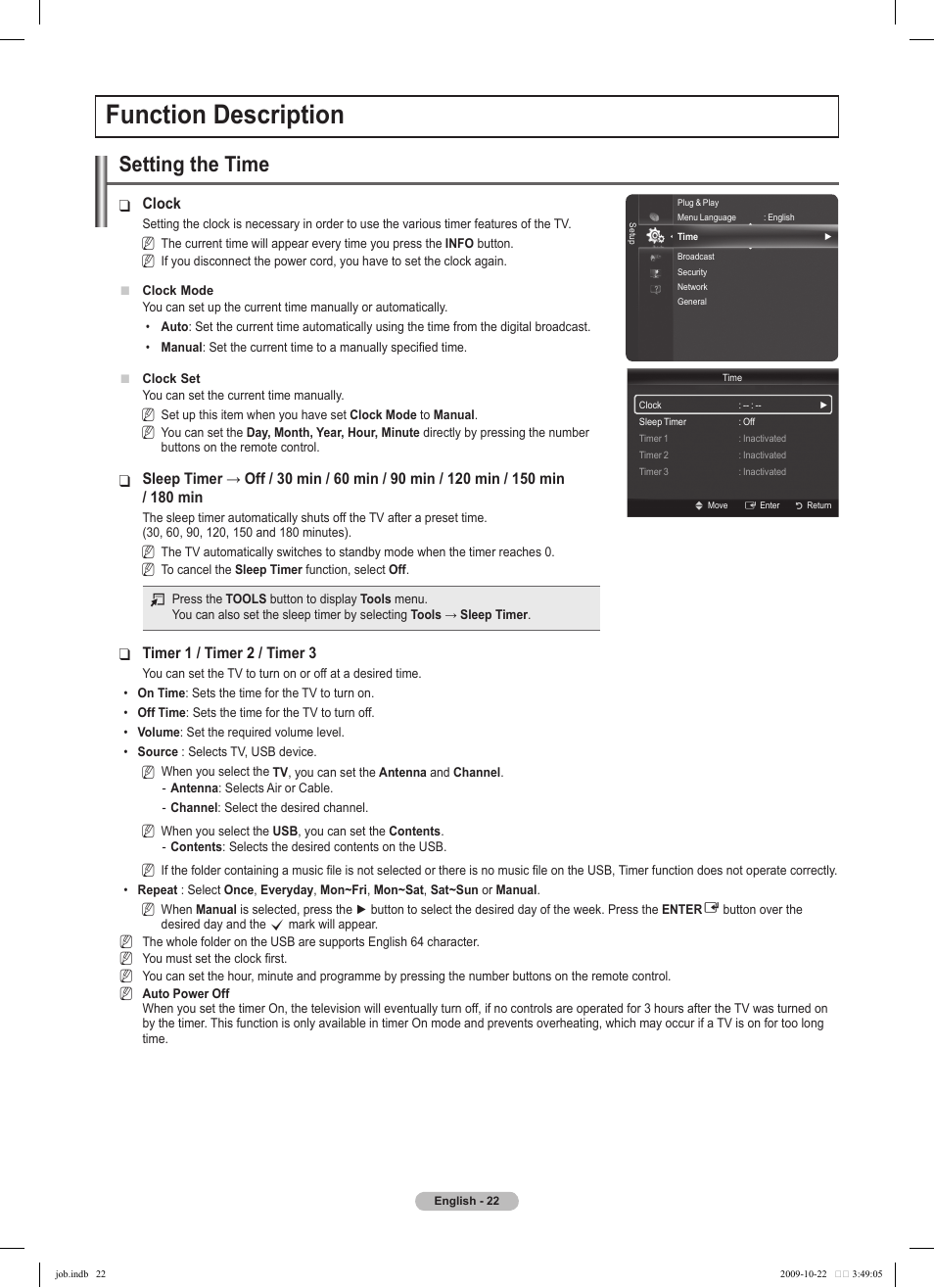 Function description, Setting the time | Samsung PS58B850Y1P User Manual | Page 22 / 655