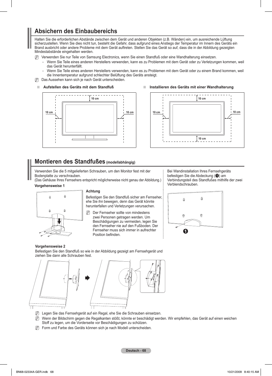 Absichern des einbaubereichs, Montieren des standfußes | Samsung PS58B850Y1P User Manual | Page 221 / 655