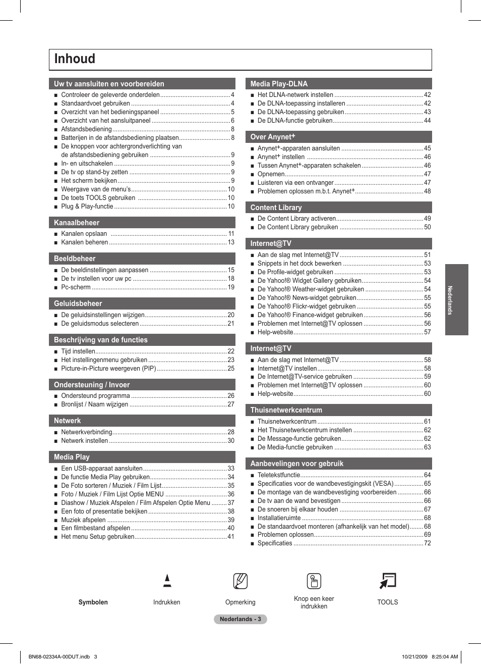 No t, Inhoud | Samsung PS58B850Y1P User Manual | Page 227 / 655