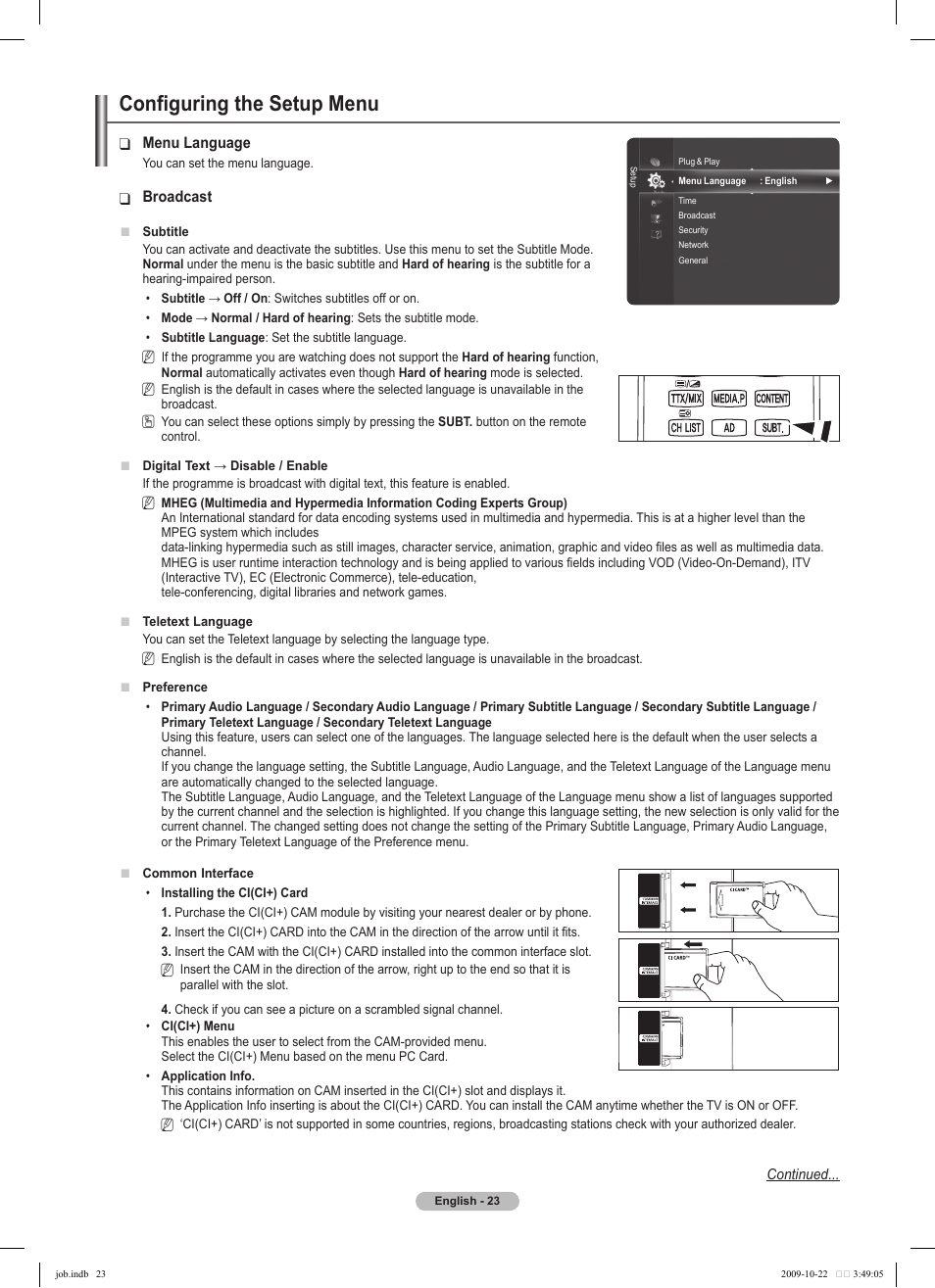 Configuring the setup menu | Samsung PS58B850Y1P User Manual | Page 23 / 655