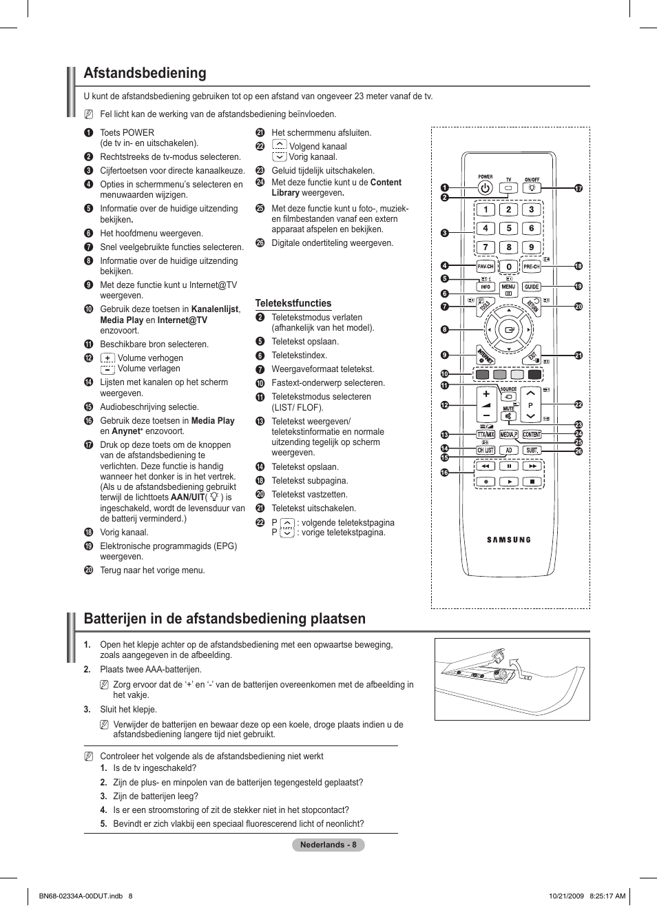 Afstandsbediening, Batterijen in de afstandsbediening plaatsen | Samsung PS58B850Y1P User Manual | Page 232 / 655