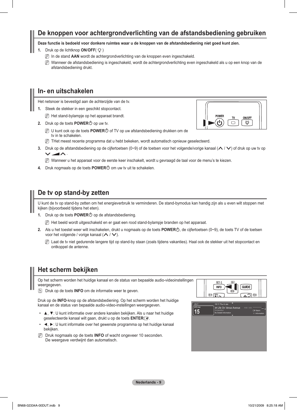 In- en uitschakelen, De tv op stand-by zetten, Het scherm bekijken | Samsung PS58B850Y1P User Manual | Page 233 / 655