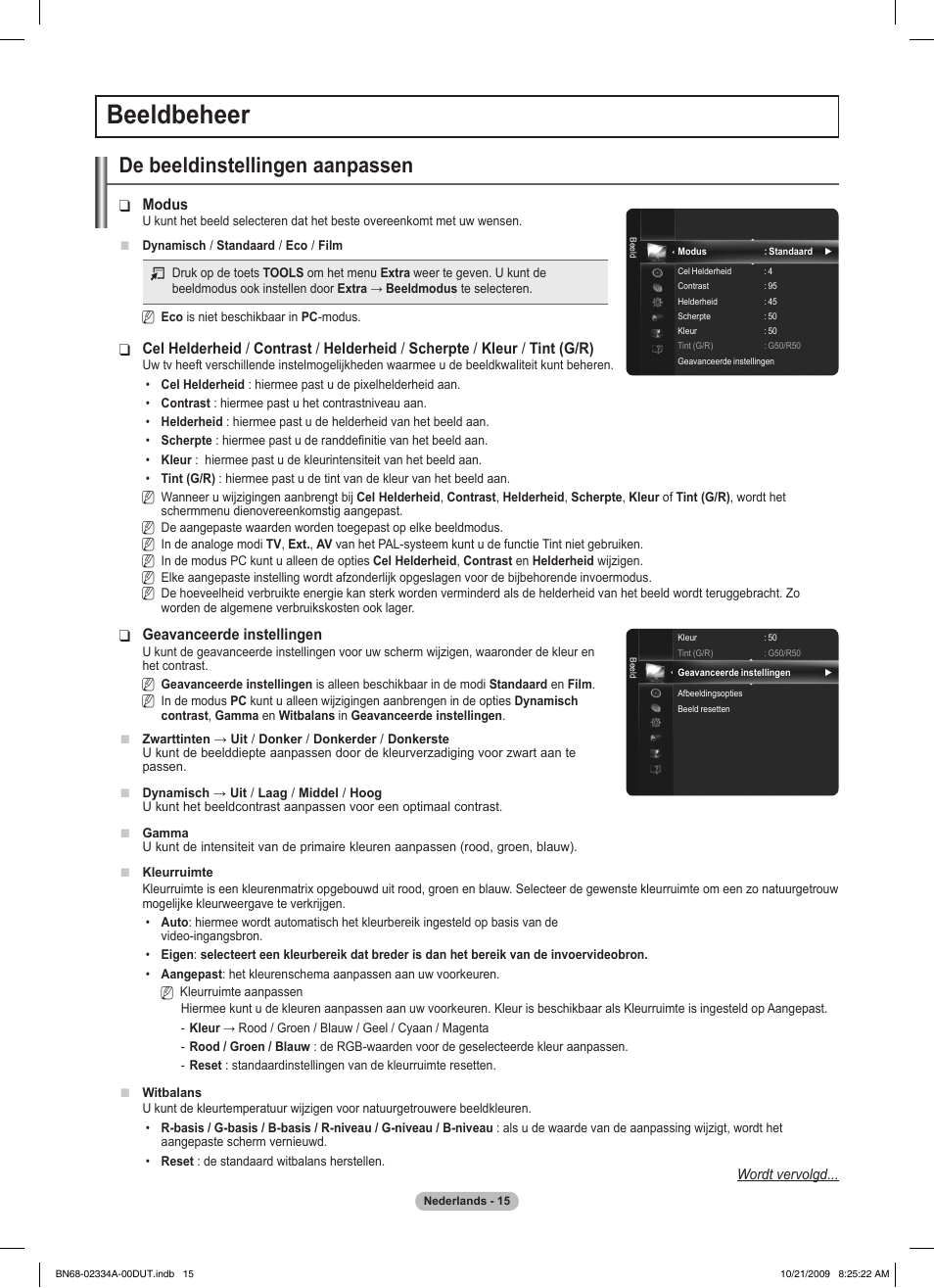 Beeldbeheer, De beeldinstellingen aanpassen | Samsung PS58B850Y1P User Manual | Page 239 / 655