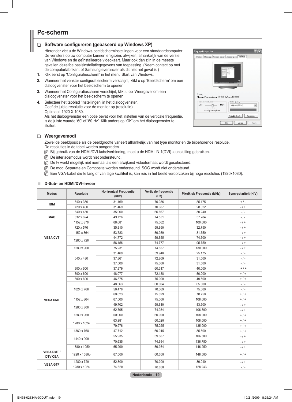Pc-scherm, Software configureren (gebaseerd op windows xp), Weergavemodi | Samsung PS58B850Y1P User Manual | Page 243 / 655