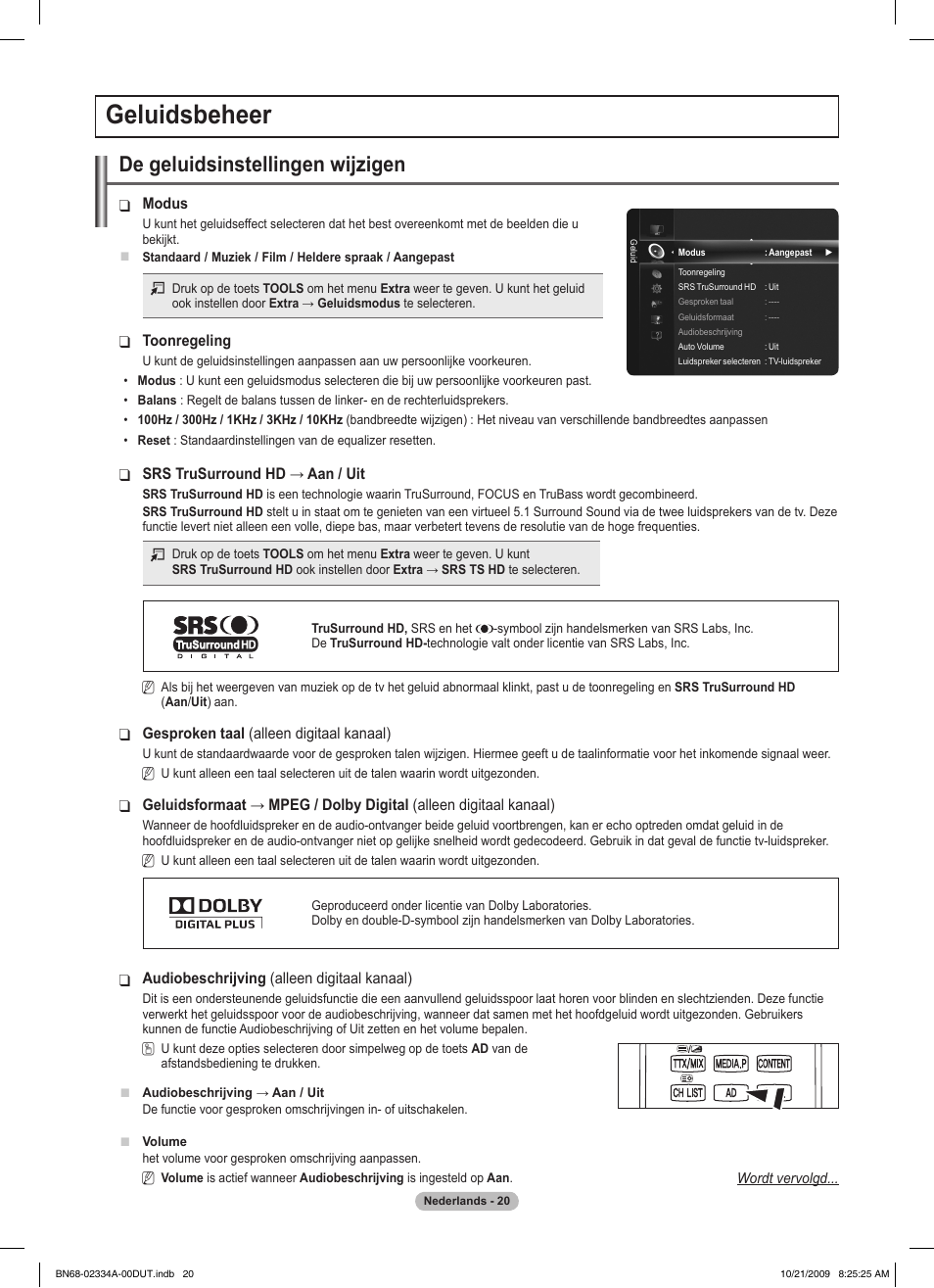 Geluidsbeheer, De geluidsinstellingen wijzigen | Samsung PS58B850Y1P User Manual | Page 244 / 655