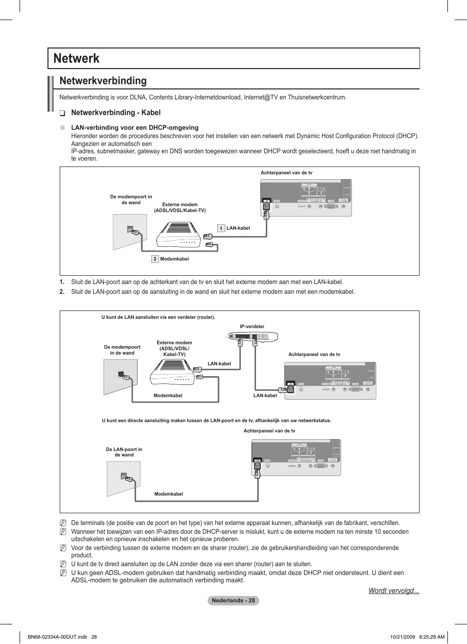 Netwerk, Netwerkverbinding, Netwerkverbinding - kabel | Samsung PS58B850Y1P User Manual | Page 252 / 655