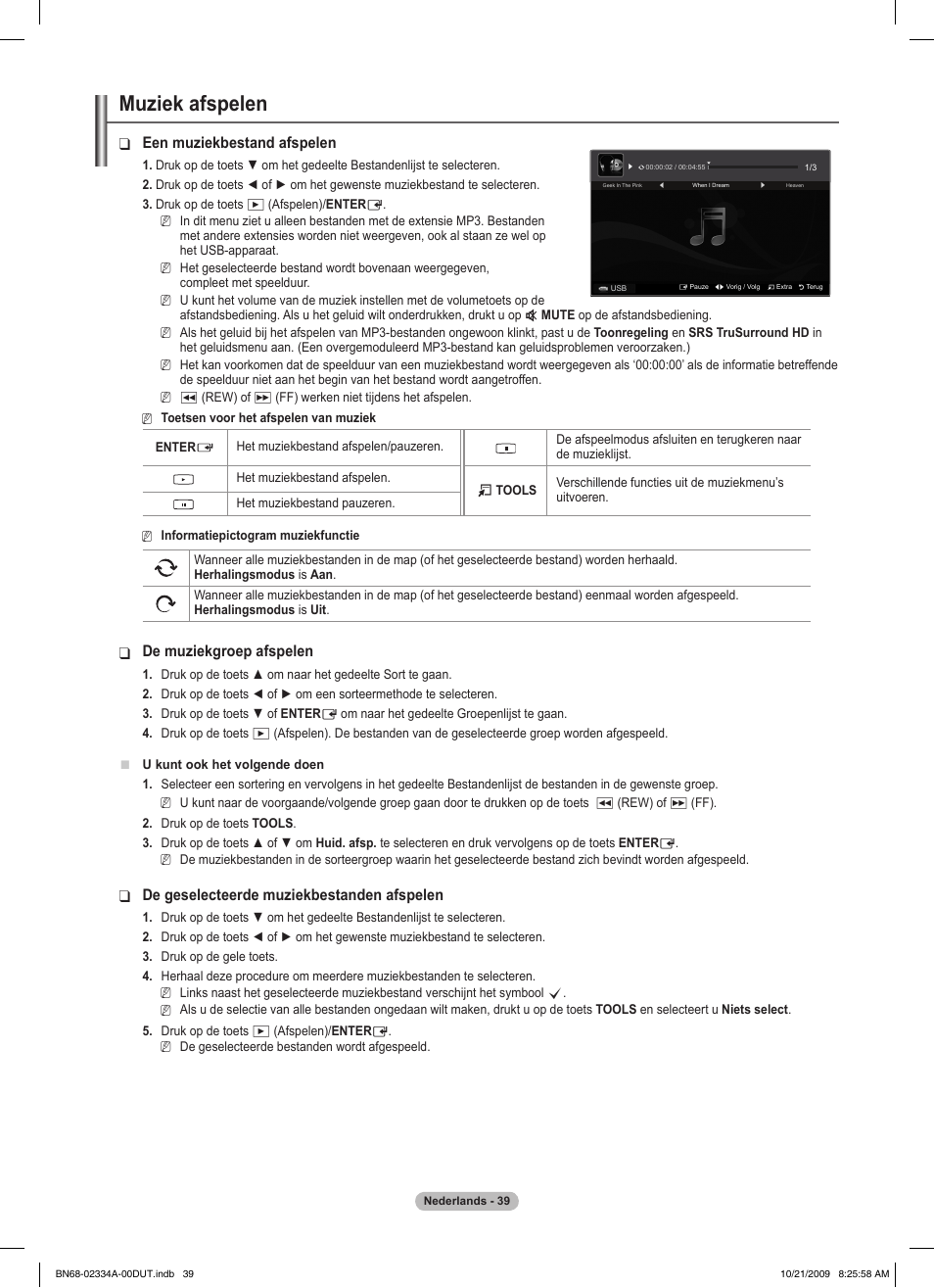 Muziek afspelen, Een muziekbestand afspelen, De muziekgroep afspelen | De geselecteerde muziekbestanden afspelen | Samsung PS58B850Y1P User Manual | Page 263 / 655