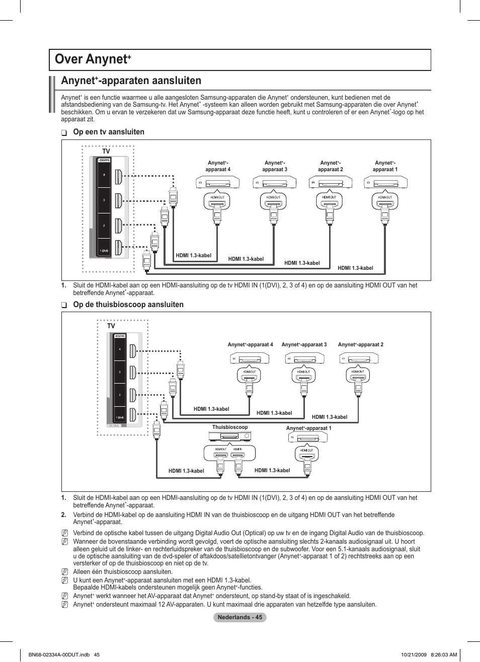 Over anynet, Anynet, Apparaten aansluiten | Op een tv aansluiten, Op de thuisbioscoop aansluiten | Samsung PS58B850Y1P User Manual | Page 269 / 655