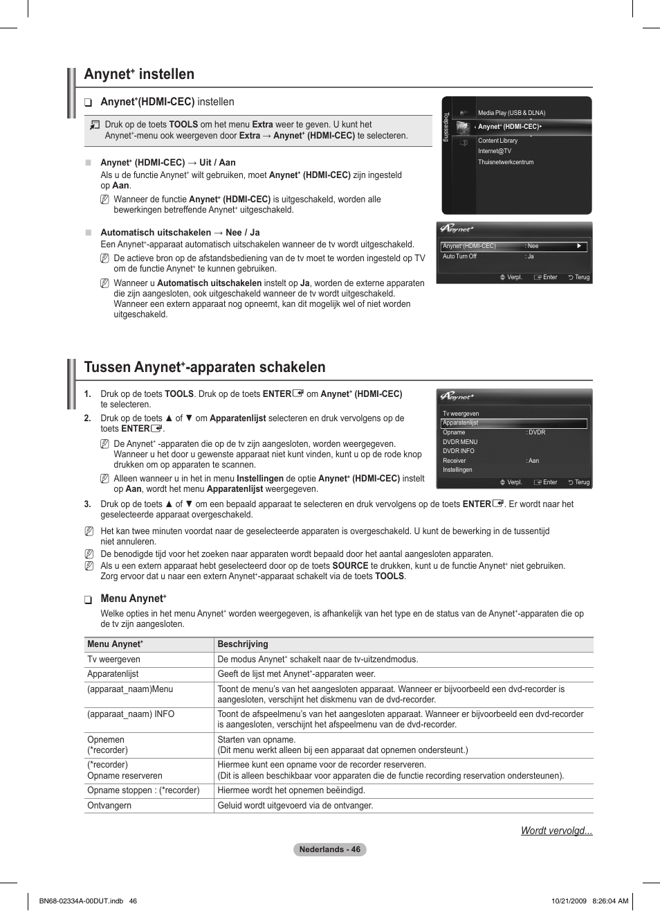 Anynet, Instellen, Tussen anynet | Apparaten schakelen, Hdmi-cec) instellen, Menu anynet | Samsung PS58B850Y1P User Manual | Page 270 / 655