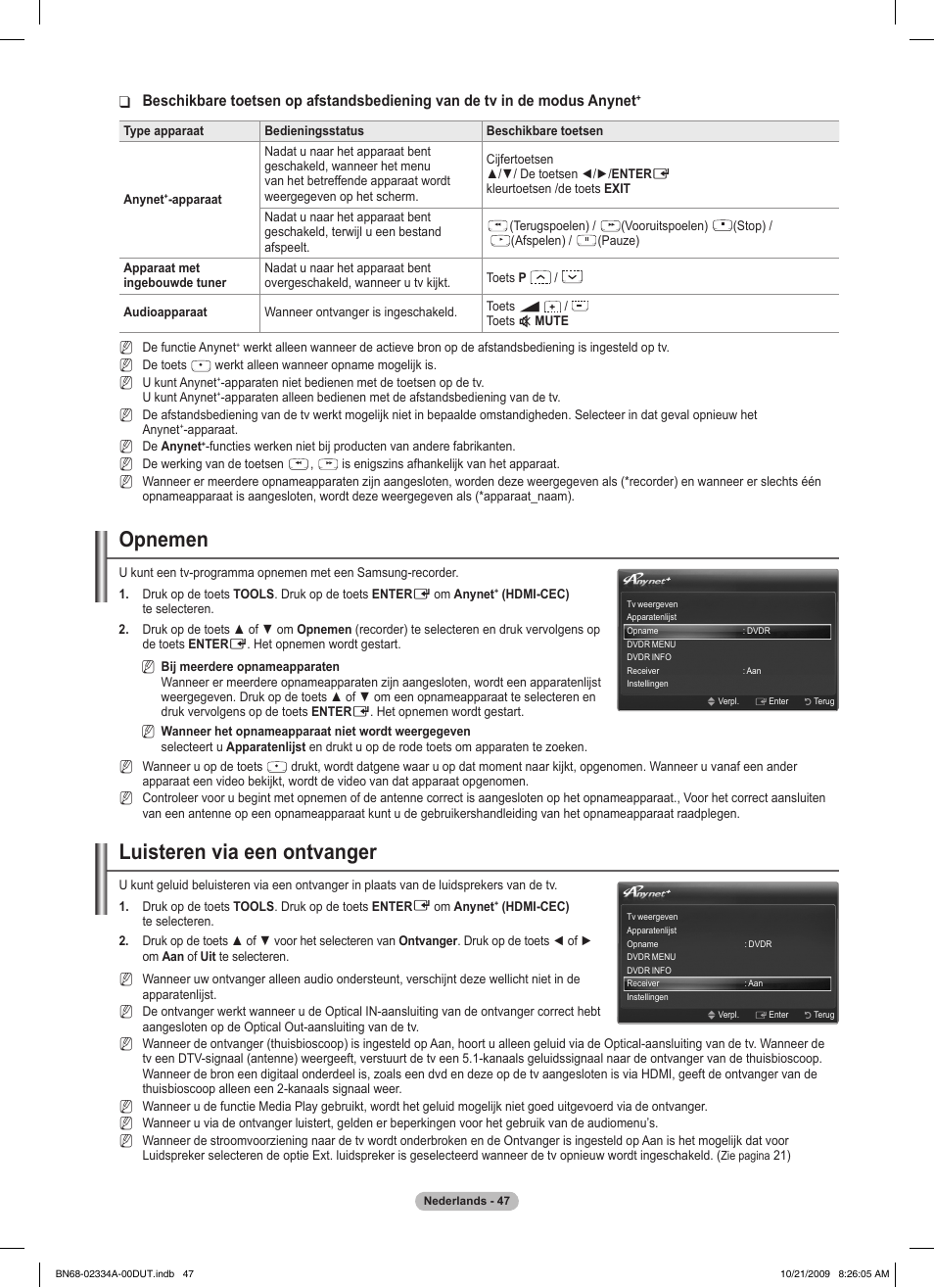 Opnemen, Luisteren via een ontvanger | Samsung PS58B850Y1P User Manual | Page 271 / 655