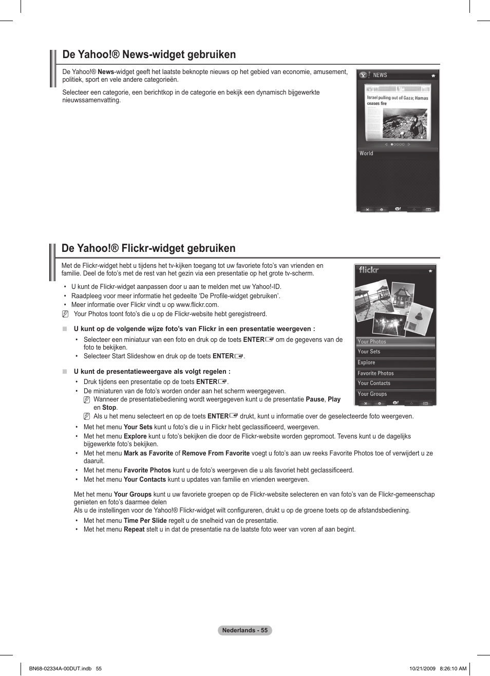 De yahoo!® news-widget gebruiken, De yahoo!® flickr-widget gebruiken | Samsung PS58B850Y1P User Manual | Page 279 / 655