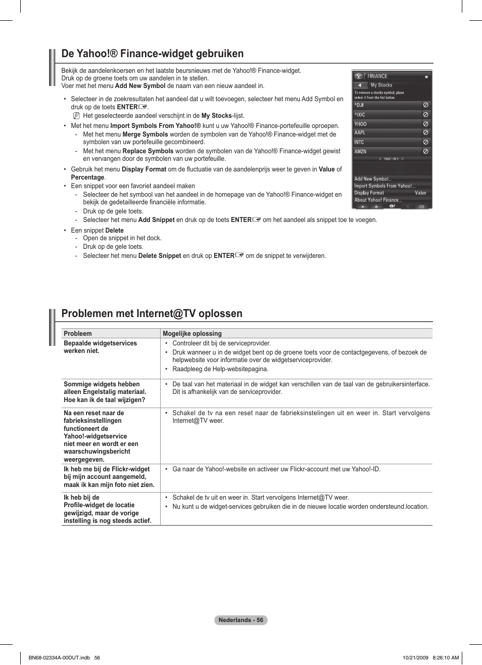 De yahoo!® finance-widget gebruiken, Problemen met internet@tv oplossen | Samsung PS58B850Y1P User Manual | Page 280 / 655