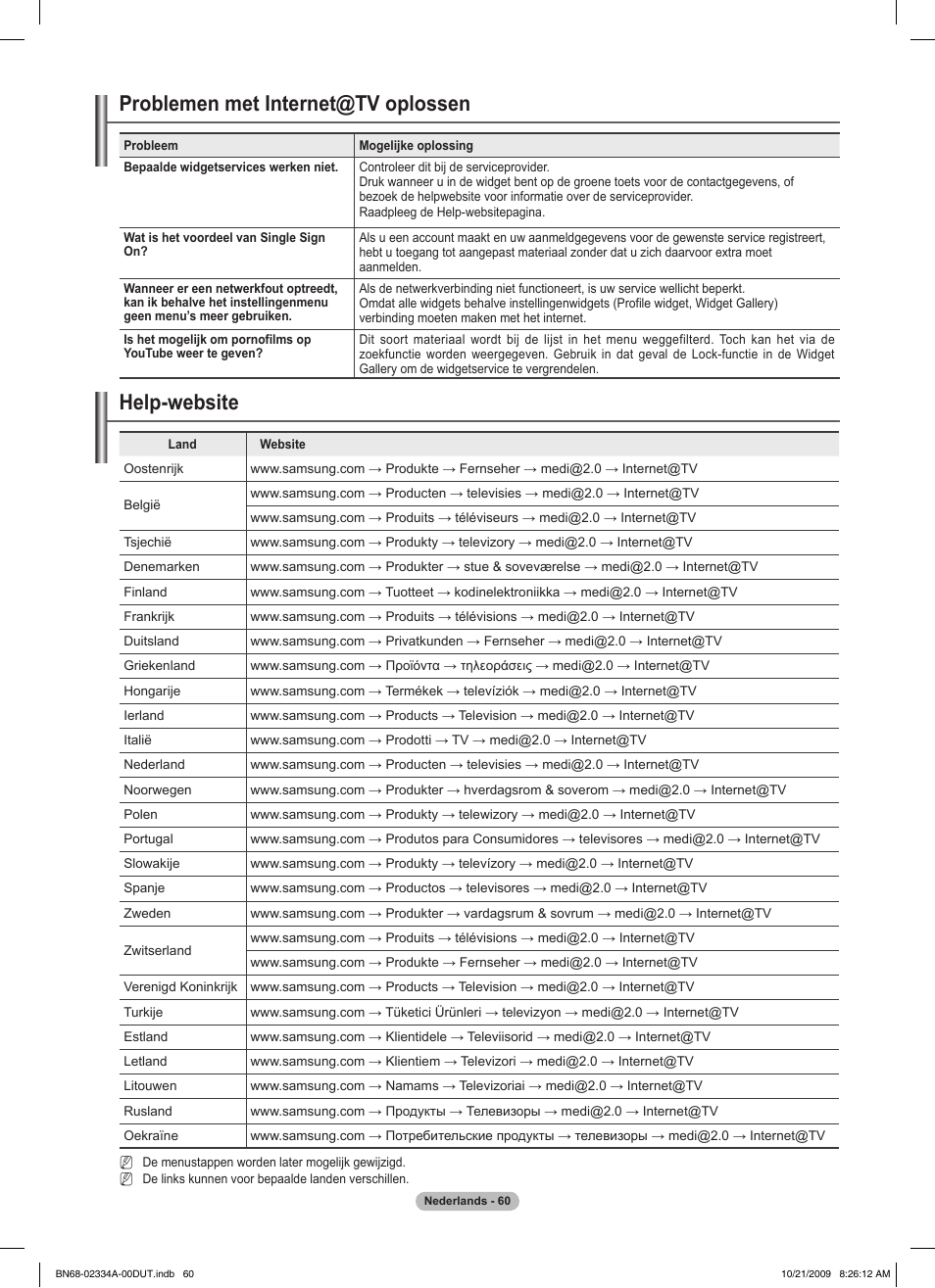Problemen met internet@tv oplossen, Help-website | Samsung PS58B850Y1P User Manual | Page 284 / 655