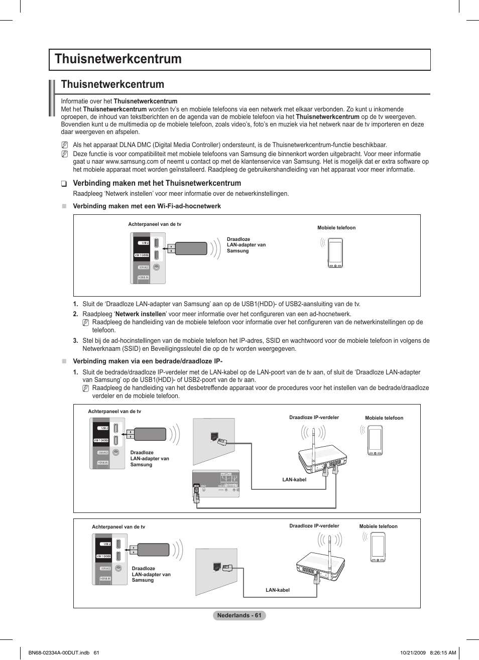 Thuisnetwerkcentrum, Verbinding maken met het thuisnetwerkcentrum | Samsung PS58B850Y1P User Manual | Page 285 / 655