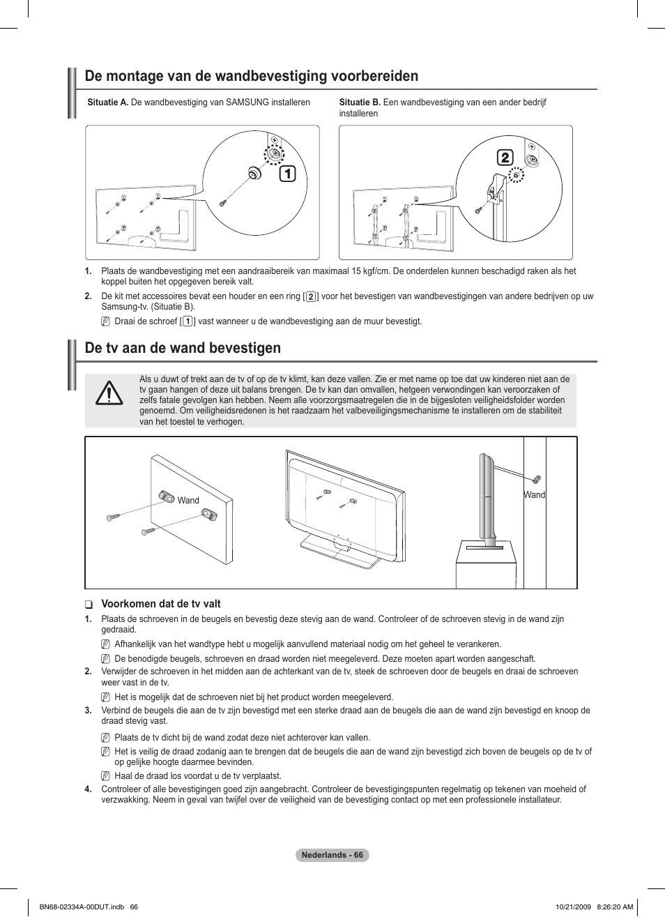 경고 주의 경고 주의, De montage van de wandbevestiging voorbereiden, De tv aan de wand bevestigen | Samsung PS58B850Y1P User Manual | Page 290 / 655