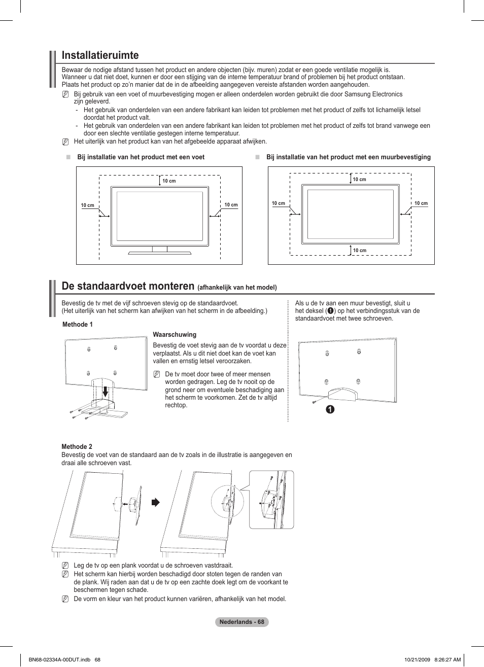 Installatieruimte, De standaardvoet monteren | Samsung PS58B850Y1P User Manual | Page 292 / 655