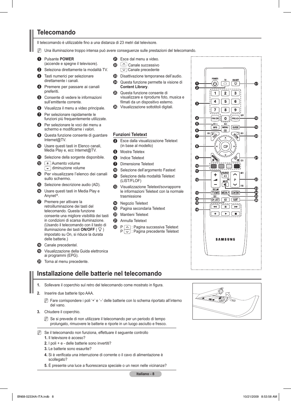 Telecomando, Installazione delle batterie nel telecomando | Samsung PS58B850Y1P User Manual | Page 303 / 655