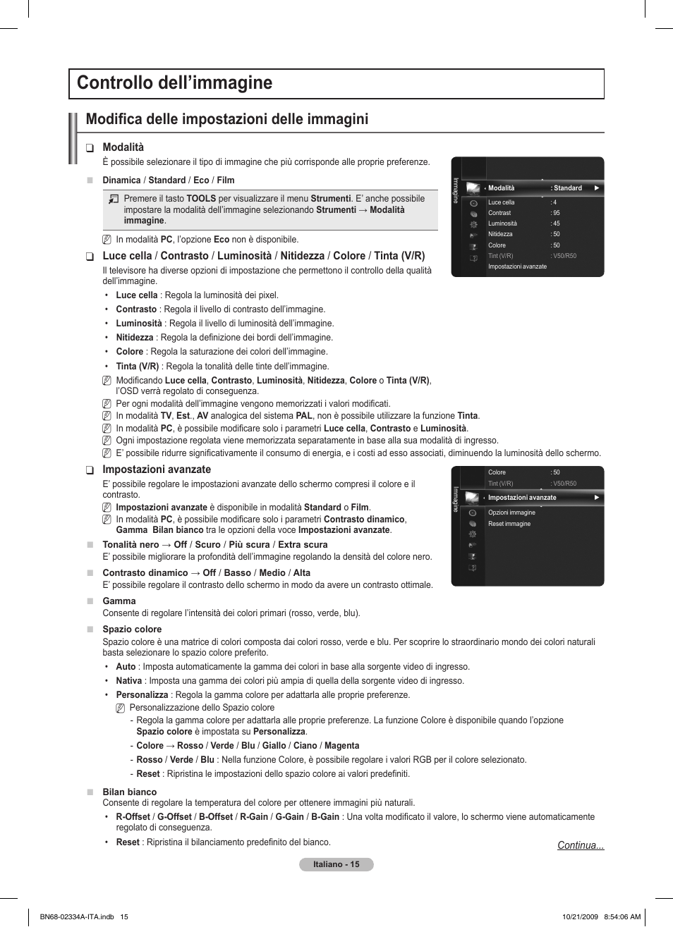 Controllo dell’immagine, Modifica delle impostazioni delle immagini | Samsung PS58B850Y1P User Manual | Page 310 / 655