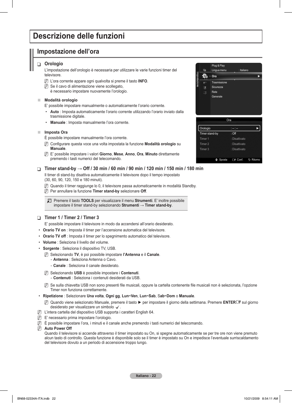 Descrizione delle funzioni, Impostazione dell’ora | Samsung PS58B850Y1P User Manual | Page 317 / 655