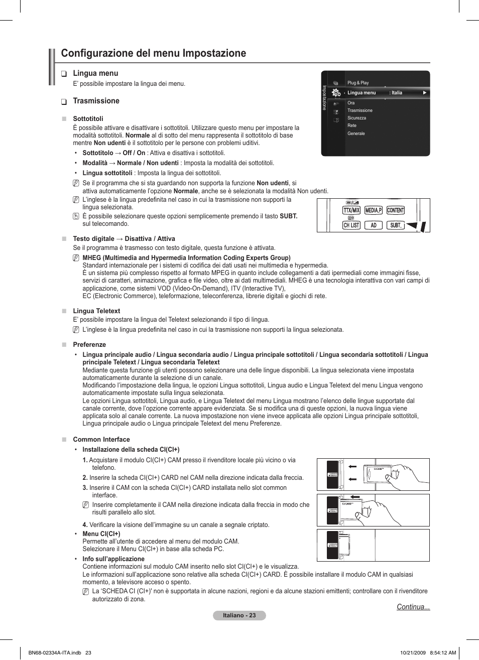 Configurazione del menu impostazione | Samsung PS58B850Y1P User Manual | Page 318 / 655
