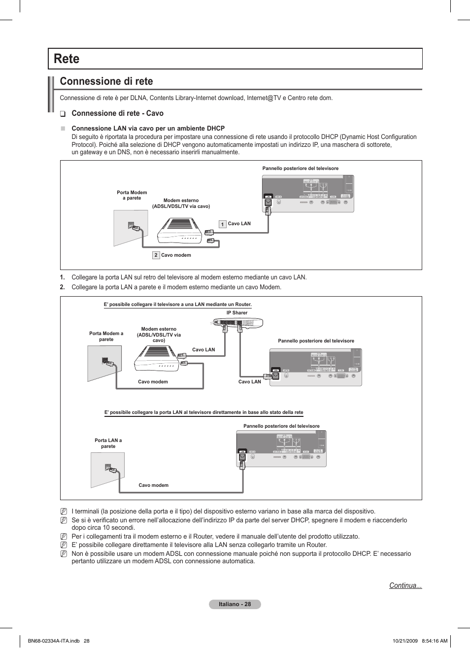 Rete, Connessione di rete, Connessione di rete - cavo | Samsung PS58B850Y1P User Manual | Page 323 / 655