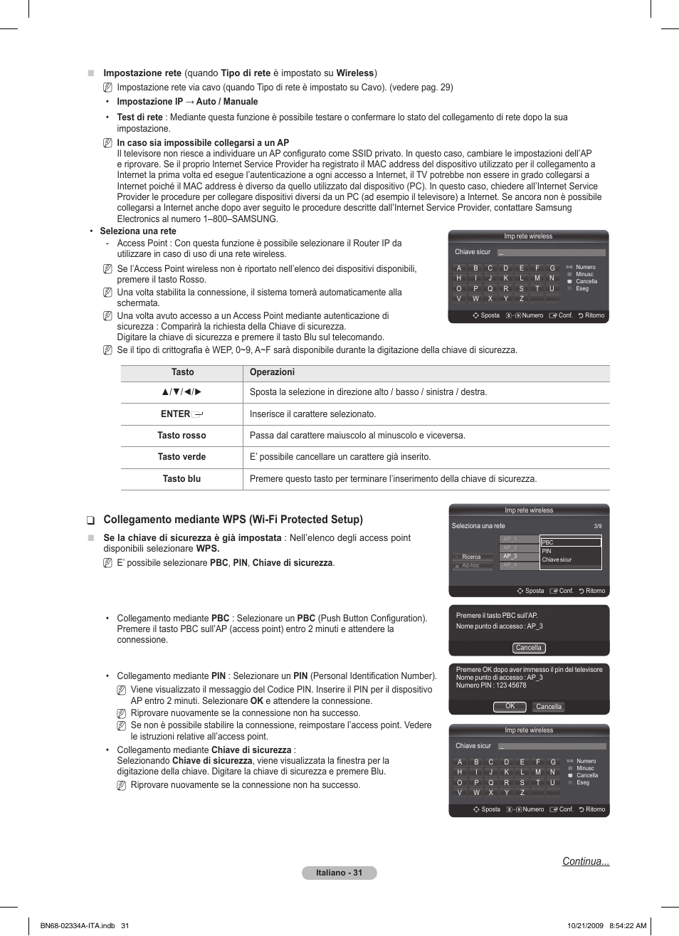 Collegamento mediante wps (wi-fi protected setup), Continua | Samsung PS58B850Y1P User Manual | Page 326 / 655