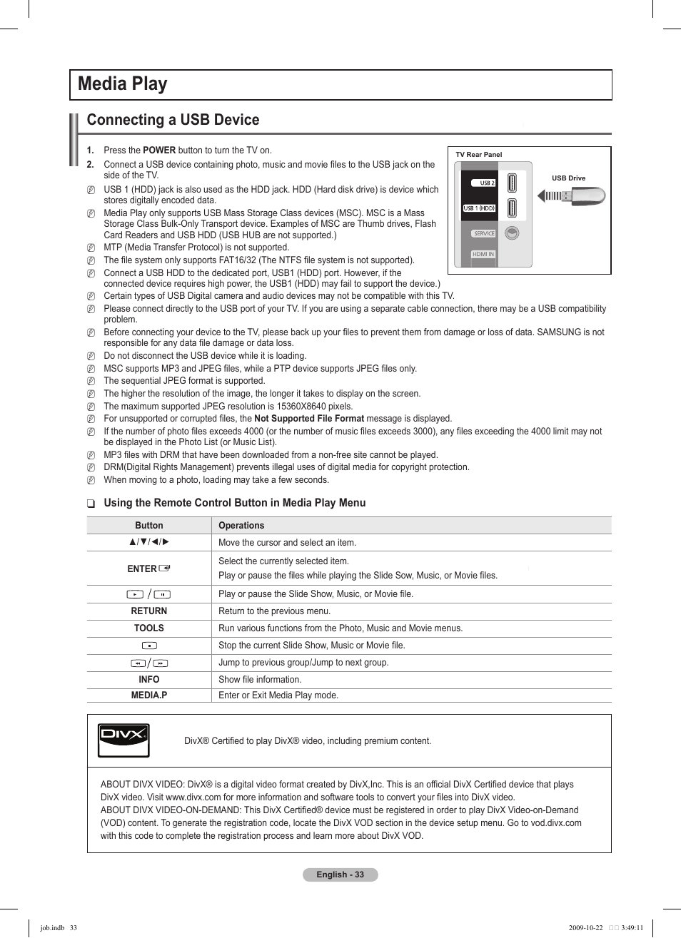 Media play, Connecting a usb device, Using the remote control button in media play menu | Samsung PS58B850Y1P User Manual | Page 33 / 655