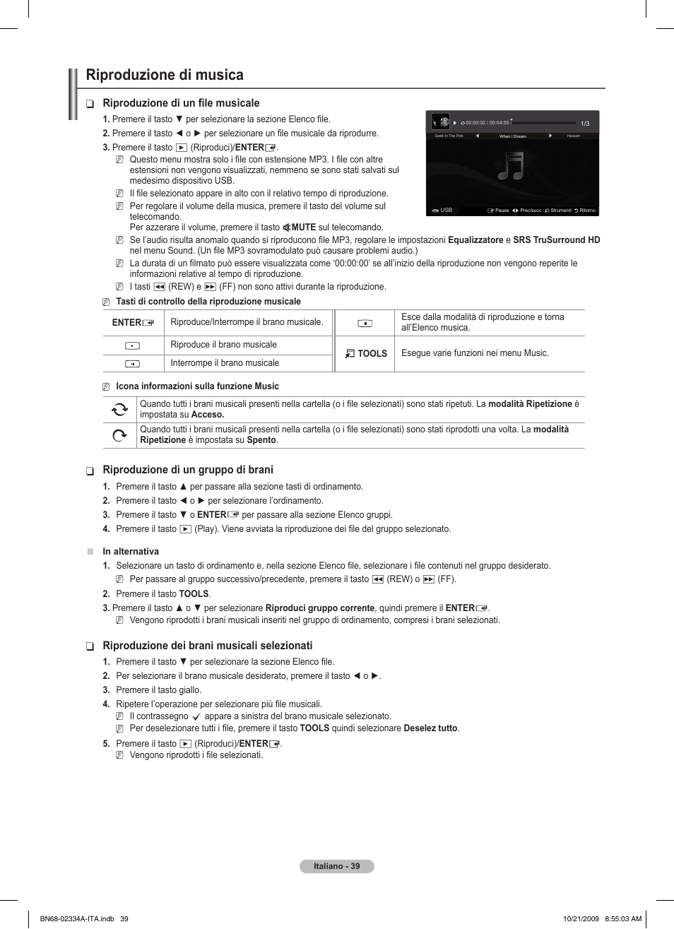 Riproduzione di musica, Riproduzione di un file musicale, Riproduzione di un gruppo di brani | Riproduzione dei brani musicali selezionati | Samsung PS58B850Y1P User Manual | Page 334 / 655