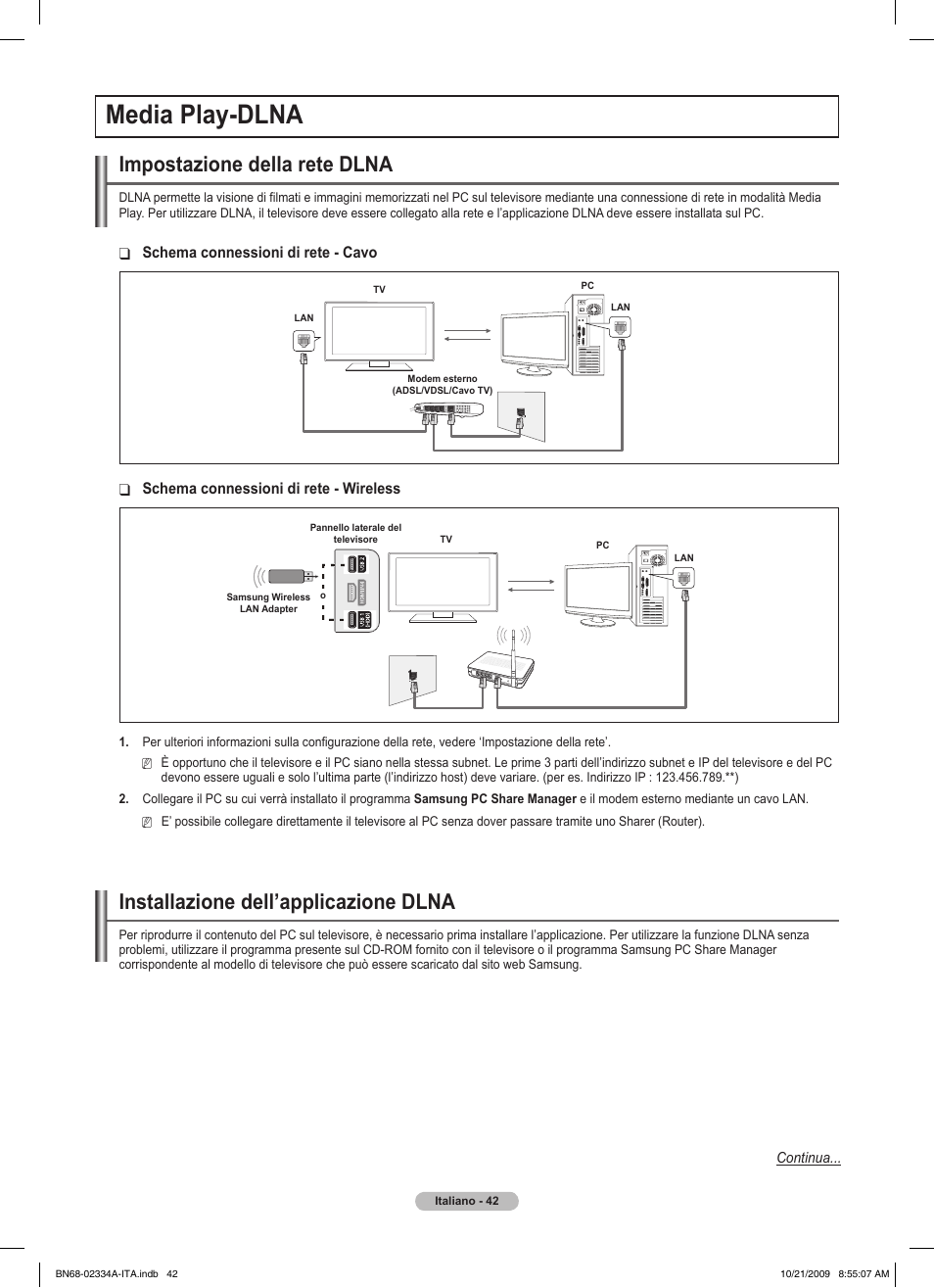 Media play-dlna, Impostazione della rete dlna, Installazione dell’applicazione dlna | Samsung PS58B850Y1P User Manual | Page 337 / 655